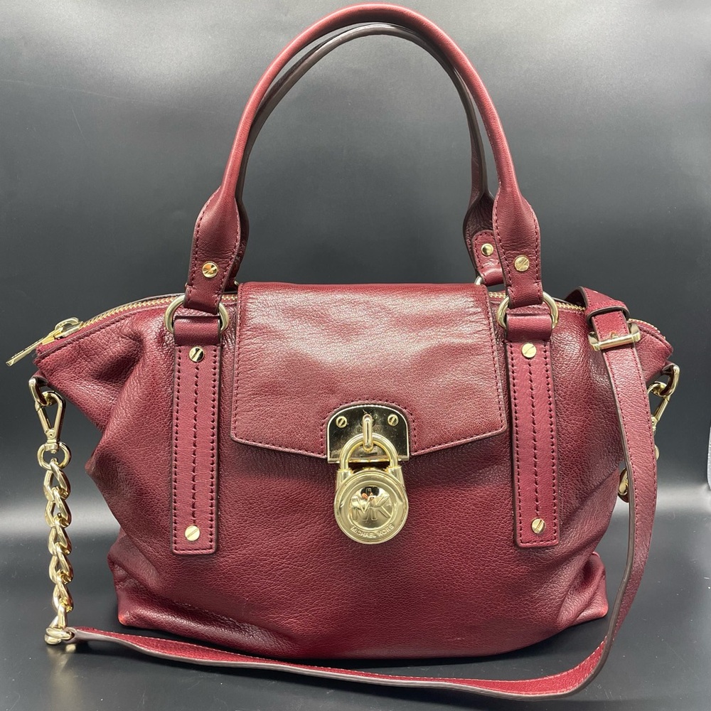 Michael Kors Burgundy Large Pebbled Leather Satchel with Gold Accents